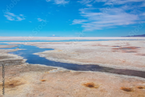 Landscape of Salar de Uyuni in Bolivia covered with water  salt flat desert and sky reflections