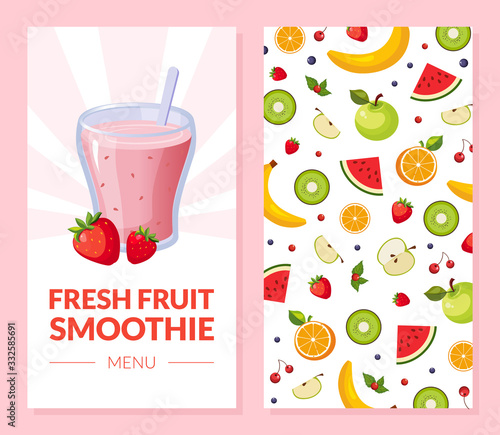 Fresh Fruit Smoothie Menu Card Template with Ripe Fruits Seamless Pattern Vector Illustration