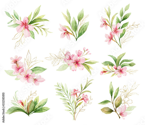 Fotografia Watercolor vector set of bouquets of pink flowers and leaves.