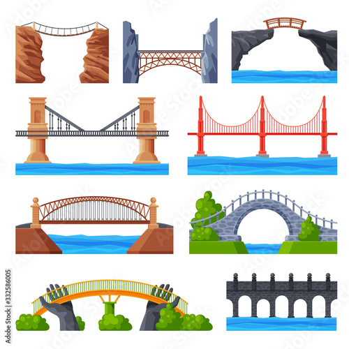 Various Bridges Collection, Urban Architecture Design Elements, Bridge Construction Flat Vector Illustration