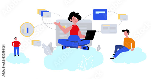 Cloud office. Girl sitting on the cloud with a laptop. © goodreason
