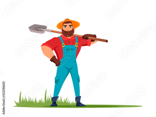 Male farmer holding shovel in hand illustration