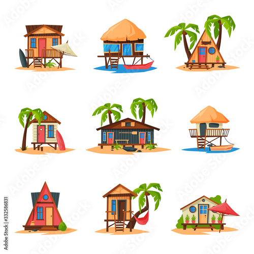 Collection of Beach Bungalows on Coast of Tropical Sea, Summer Seaside Vacation Wooden Cabins Vector Illustration