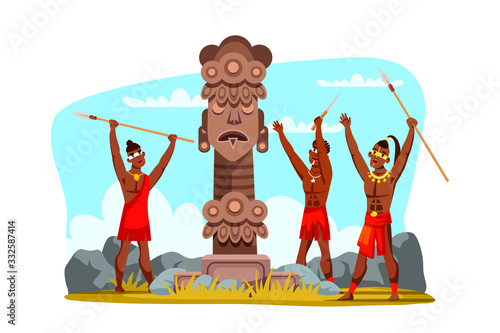 Tribal man warrior characters praying to pagan god