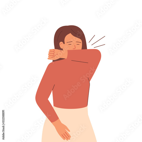 Sick woman sneezes and coughs covering her mouth with her elbow. Girl uses protective measures against spread viral infectious disease.Coronavirus epidemic concept