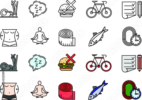 healty lifestyle colorful icons set vector