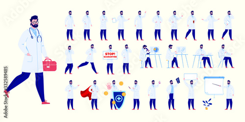 Doctor character creation set with various poses and gestures. Isolated. Male doctor.