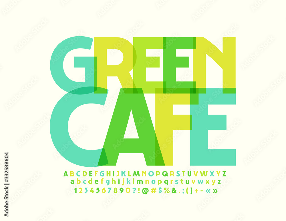 Vector modern logo Green Cafe. Transparent bright Font. Creative Alphabet Letters and Numbers Vector modern logo Green Cafe. Transparent bright Font. Creative Alphabet Letters and Numbers