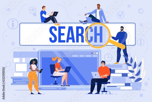 Searching Information in Internet, Communicating in Social Network, Shopping Online Trendy Flat Vector Concept. Multinational Men and Women Characters Using Laptop, Smartphone or Tablet Illustration