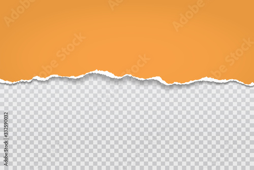 Torn, ripped piece of horizontal orange paper with soft shadow is on squared grey background for text. Vector illustration