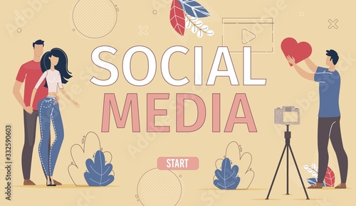 Business Company Social Network Account, Digital Marketing with Social Media internet Audience Engaging Campaign Web Banner, Landing Page. Man and Woman online User Trendy Flat Vector Illustration