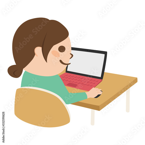 自宅でパソコンを使って仕事をしている女性のイラスト。