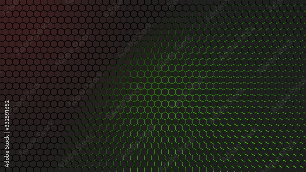 Dark hexagons on gradient green background. Honeycomb. 3D-Render. Dark hexagons on gradient green background. Honeycomb. 3D-Render.