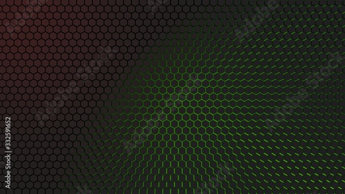 Dark hexagons on gradient green background. Honeycomb. 3D-Render.