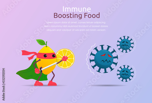Funny cartoon character of lemon superhero fight against outbreak viruses and bacteria. Power of immune boosting food concept to fight disease. vector illustration