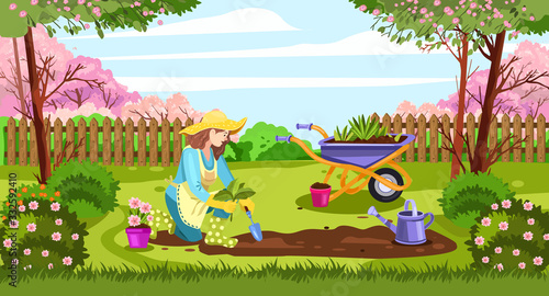 Summer gardening background with backyard, female worker, wheelbarrow, watering can, soil, blooming trees, fence. Woman in hat planting the seedlings. Spring garden banner in cartoon style