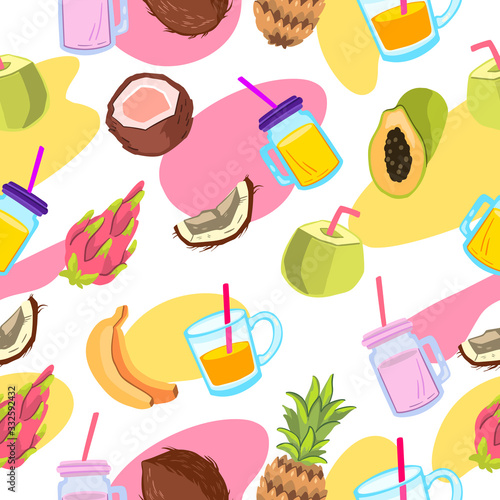 Summer fruit seamless pattern with pineapple, banana, glasses, dragon fruit, coconut. Colorful abstract background for cocktail bars, café, juice packages. Tropical exotic texture in cartoon style