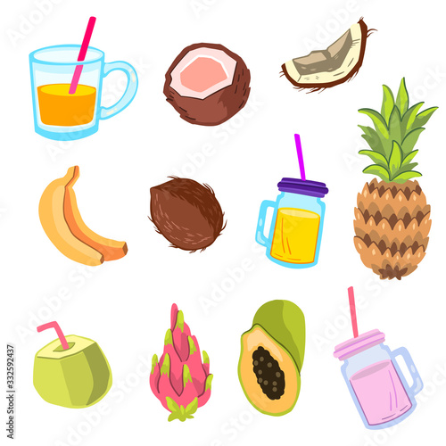 Vector fruit collection with pineapple, banana, papaya, glasses, coconut, dragon fruit. Summer exotic set of design objects in cartoon flat style. For stickers, prints, logos, labels, icons, menus