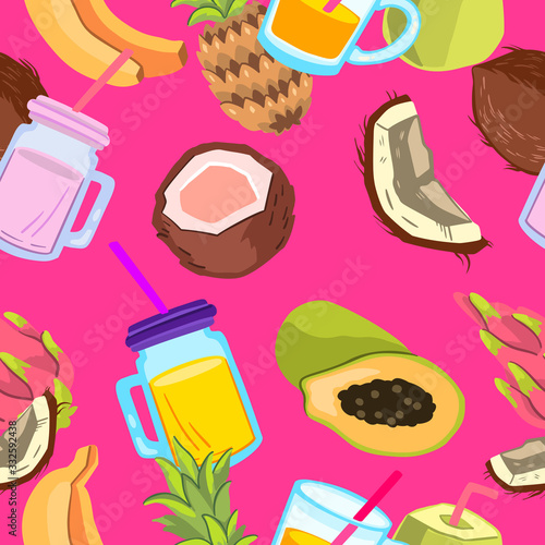 Summer fruit seamless pattern with pineapple, papaya, banana, glasses, dragon fruit, coconut. Colorful pink background for cocktail bars, café, juice packages. Tropical exotic texture in cartoon style