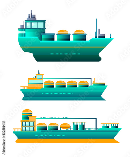 Vector stock set of three tanker ships isolated on white in flat style. Cargo oil industry objects for infographics, web materials, presentations, advertisements. 