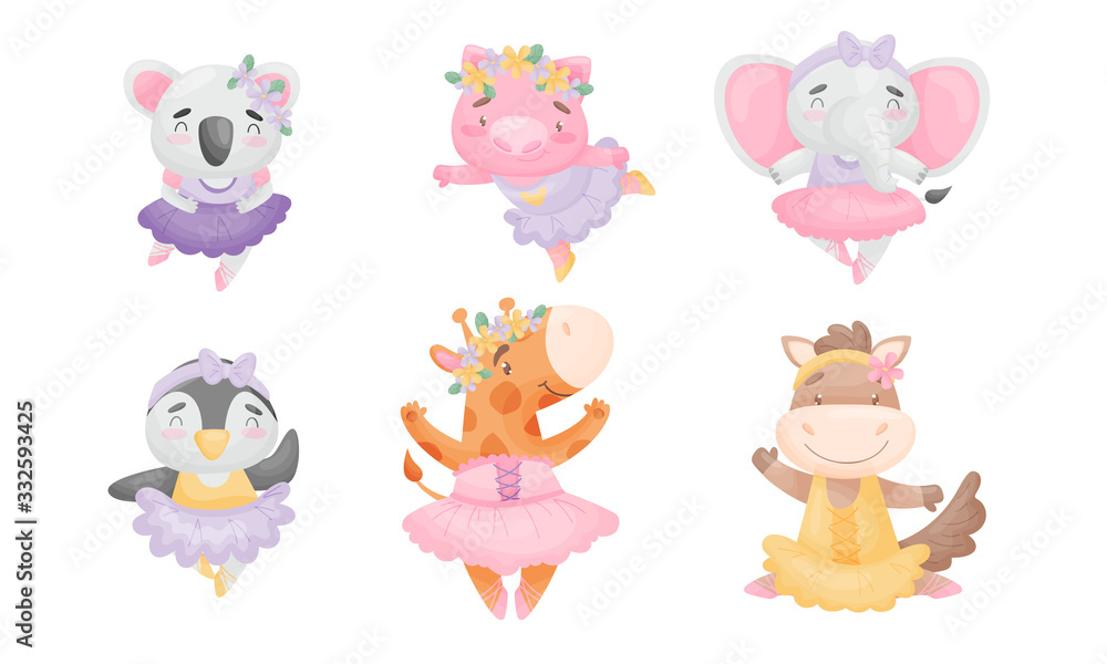 Naklejka premium Cute Cartoon Animals in Ballet Skirt Dancing Vector Set