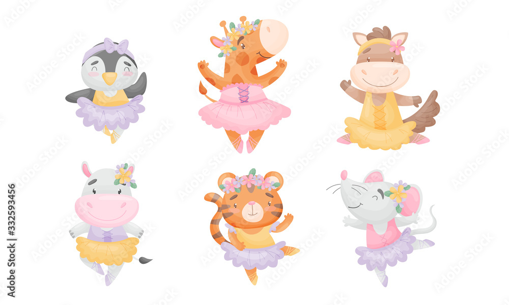 Obraz premium Cute Cartoon Animals in Ballet Skirt Dancing Vector Set