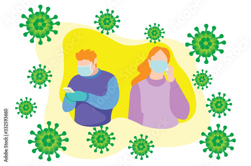Illustration of a person wearing a mask due to corona virus. Perfect graphic for landing page