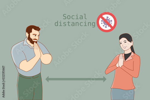Social distancing concept. man and woman keeping distance for stop infection corona virus. vector illustration.