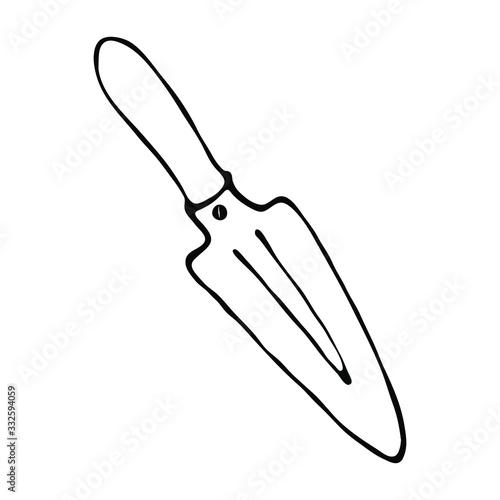 Garden shovel for sowing seeds and picking seedlings. Isolated object on a white background. Simple vector illustration.