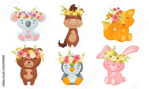 Pretty Animals with Floral Wreaths on Their Heads Sitting and Standing Vector Set