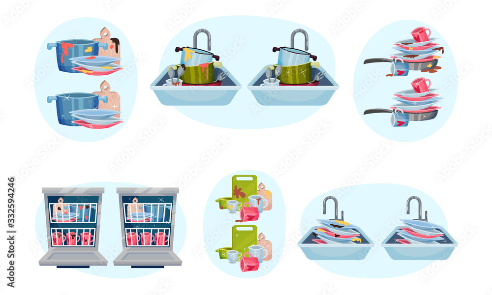 Clean and Dirty Dishes Piled in Kitchen Sink and Dishwashing Machine Vector Set Clean and Dirty Dishes Piled in Kitchen Sink and Dishwashing Machine Vector Set