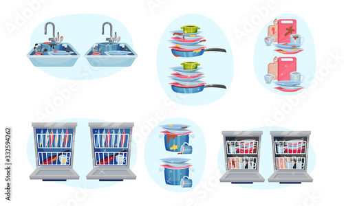 Clean and Dirty Dishes Piled in Kitchen Sink and Dishwashing Machine Vector Set