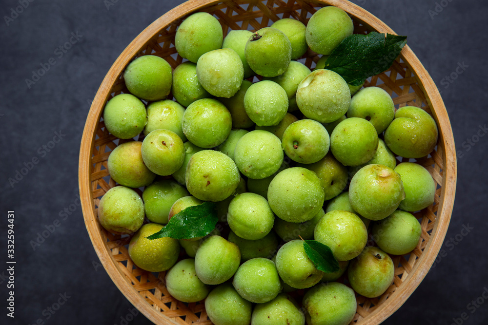 Freshly green plum on dark gray background. Freshly green plum on dark gray background.