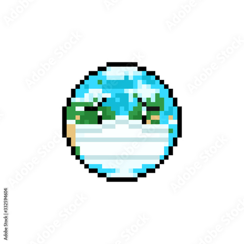 Pixel art cartoon sadly earth character wearing mask.
