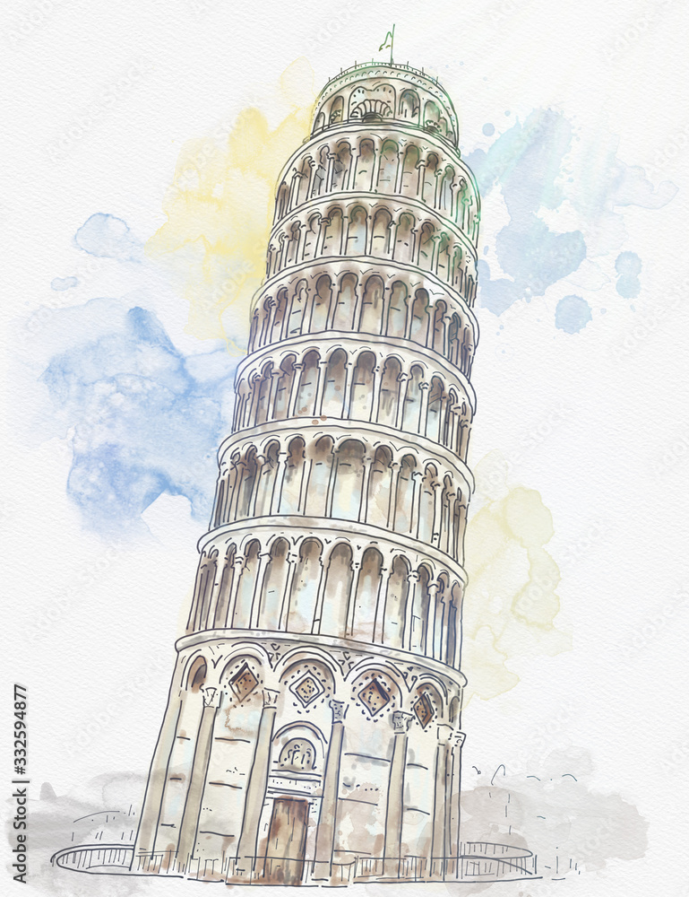 Leaning Tower of Pisa, watercolor sketch, symbol of Italy