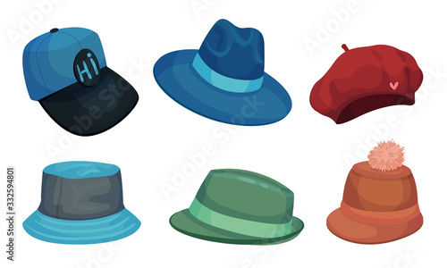Wide Brimmed Hats and Headdresses Isolated on White Background Vector Set