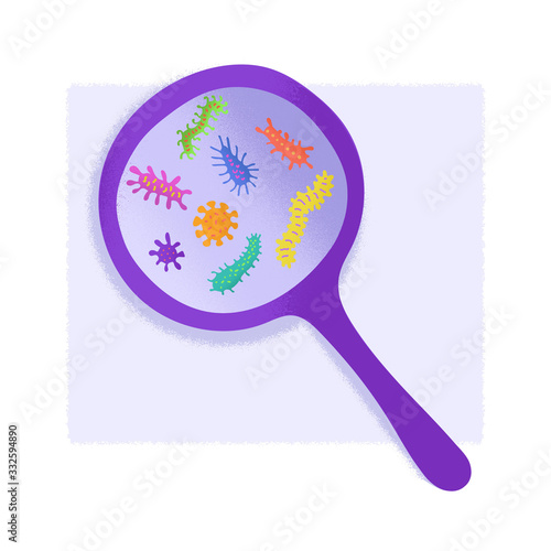 Photography Vector semi flat illustration of  microbes under a magnifying glass