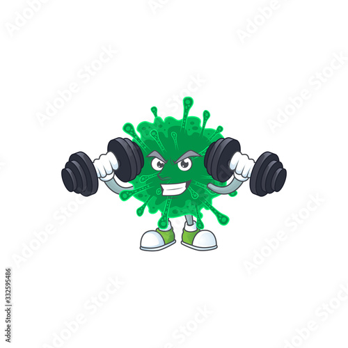 Mascot design of grinning Fitness exercise coronavirus pneumonia lift up barbells