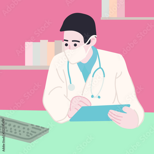 The young doctor interviews the patient with a sympathetic face.Close up vector portrait of doctor in mask. Hand drawn style vector design illustrations.