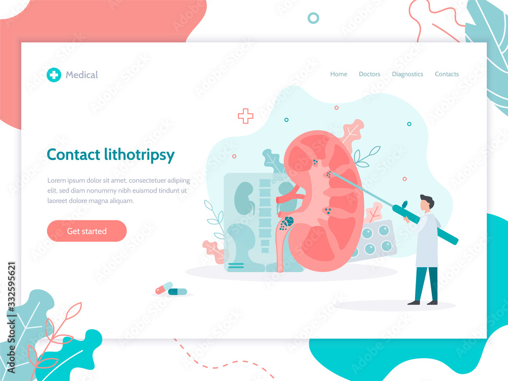 Contact lithotripsy. Surgery to remove kidney stones. Landing page design template. Medical flat vector illustration.