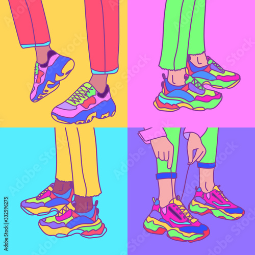 Set of female or male legs in the sneakers. Cool bright sport footwear. Hand drawn vector colored trendy fashion illustration. 