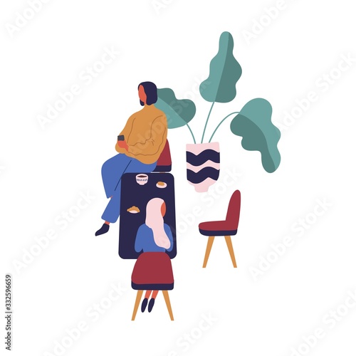 Cartoon man and woman having lunch or dinner at food court vector flat illustration. Colorful couple sitting at table use smartphone isolated on white background. Two people eating meal together