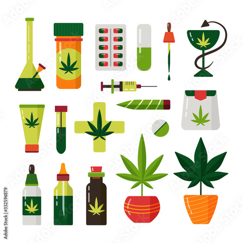 Cannabis marijuana plant flat medical vector set