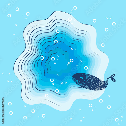 vector colorful illustration of a funny whale on turquoise paper cut background. Marine fantastic picture. Ocean depth.
