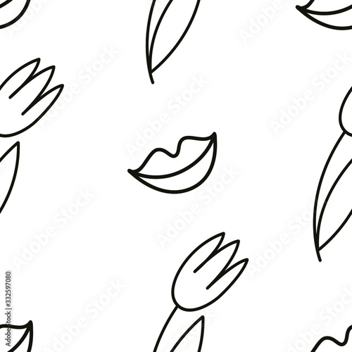 Fototapeta Naklejka Na Ścianę i Meble -  Vector seamless pattern with linear simple tulip flowers and smiling lips. Minimalism, line art design for textile, wallpaper, wrapping paper.