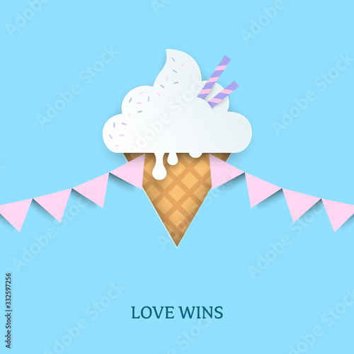 Ice cream in the shape of pink triangle. Pink triangle symbol with pink pennant flags. Symbol of LGBTQ pride and the LGBTQ+ rights movement concept. Stop homophobia minimal banner. Vector Illustration