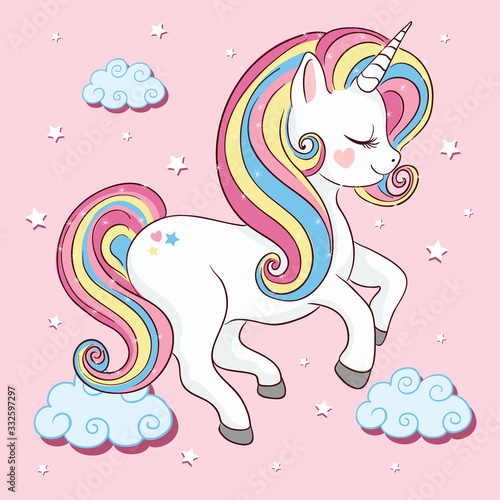 Cute unicorn on cloud vector illustration, children artworks, fashion graphic, wallpaper and greeting card designs.	