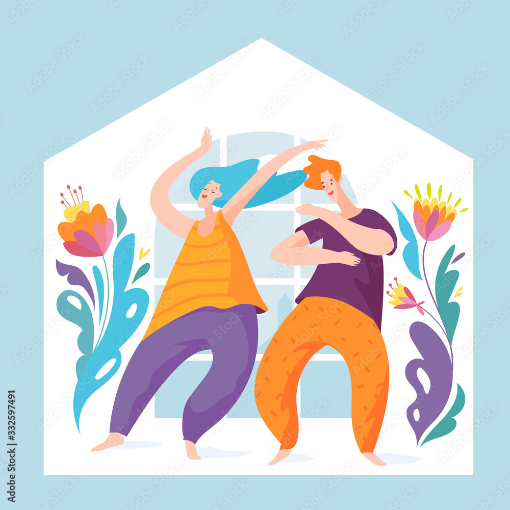 Fototapeta premium Stay home vector quarantine illustration with a happy couple spend time at home