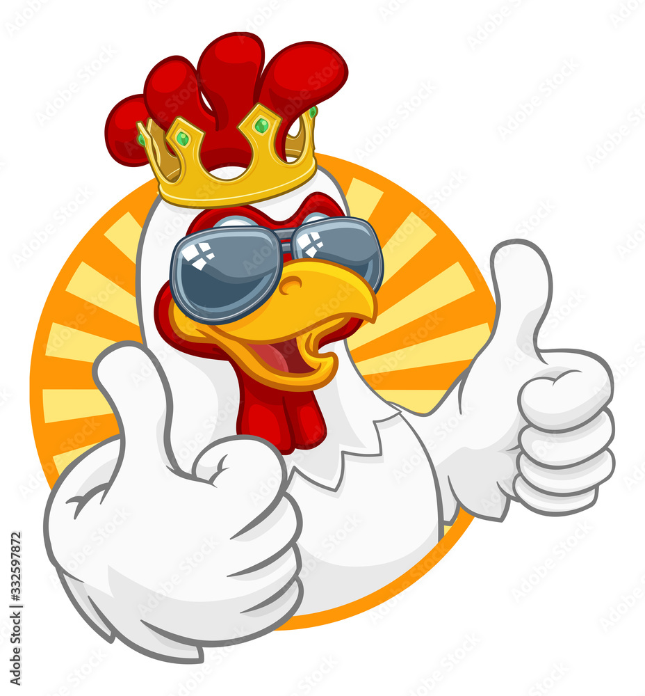 A chicken rooster cockerel bird cartoon character in a kings gold crown and cool shades or sunglasses giving a double thumbs up A chicken rooster cockerel bird cartoon character in a kings gold crown and cool shades or sunglasses giving a double thumbs up