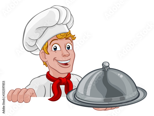 A chef cook man cartoon character holding a domed cloche food tray and peeking over a background sign